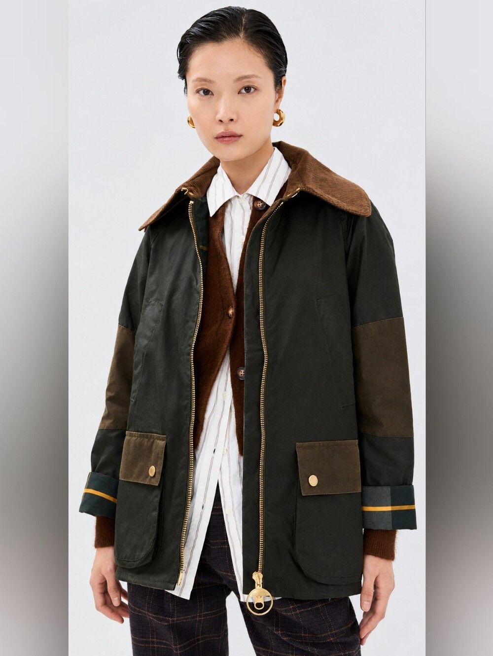 Barbour Allerston Waxed Cotton Barn Jacket Olive Colorblock Wide Corduroy Collar